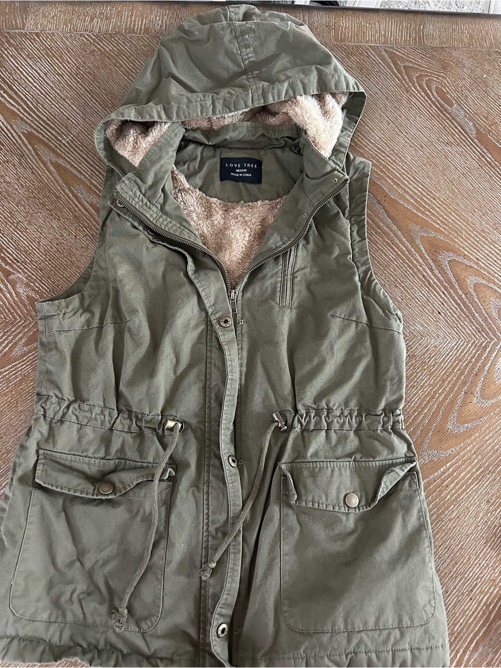 Love Tree Hooded Olive Green Faux-Fur Lined Utility Vest - snaps do not work